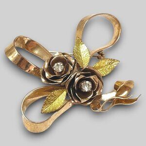 Vintage Coro 12K Gold Filled Rose Ribbon Bow Brooch - Rhinestone Floral Pin - Re
